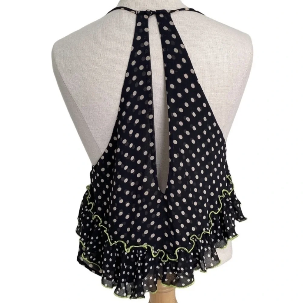 FREE PEOPLE WOMEN'S BLACK POLKA DOT DANCE TILL DOWN RUFFLE TOP Size XS